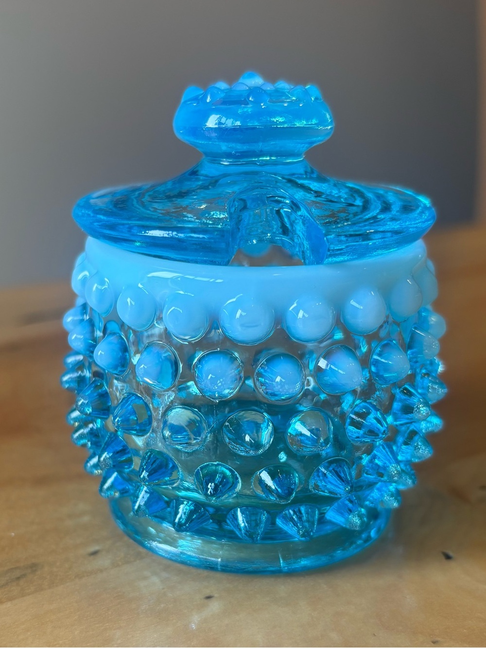 Fenton Art Glass - Hobnail Blue Opalescent Jar with Glass Lid - no spoon